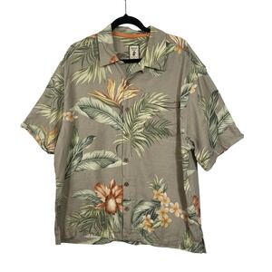 Jamaica Jaxx Silk Hawaiian Shirt Mens XL Taupe Green Floral Tropical Button Up